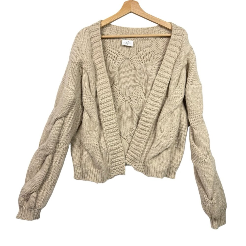 Bobbles & Lace Knit Sweater Open Cardigan Cream Cableknit Size Medium